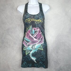 Ed Hardy Tank Dress Womens Small Black Racerback Rose Shark Graphic Made in USA